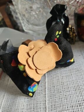 Hand Crafted Black Neon Paw Print Bow Tie with Tan Leather Flower Avcent NEW